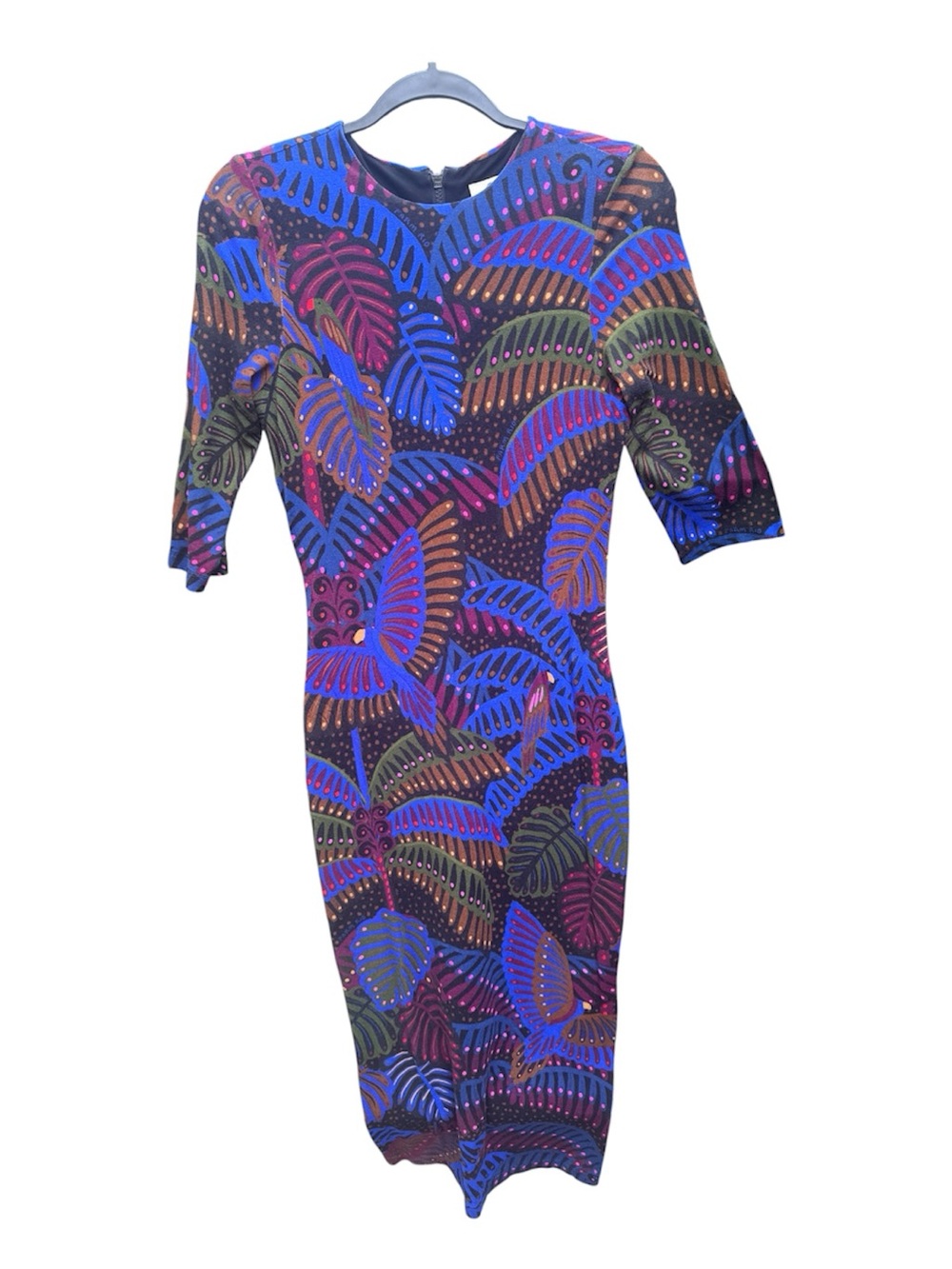FARM Rio Dotted Macaws Fitted Jersey Midi Dress in Blue, Purple, Black